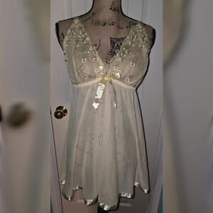 Plus Size 2X Yellow Sheer Mesh Babydoll Lingerie Dress w/ Floral Lace & Ribbon